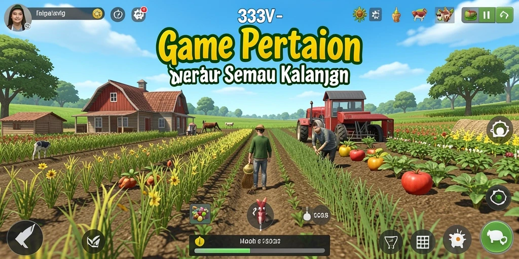 Screenshot gameplay 333V menampilkan ladang hijau yang subur dan aktivitas bertani.