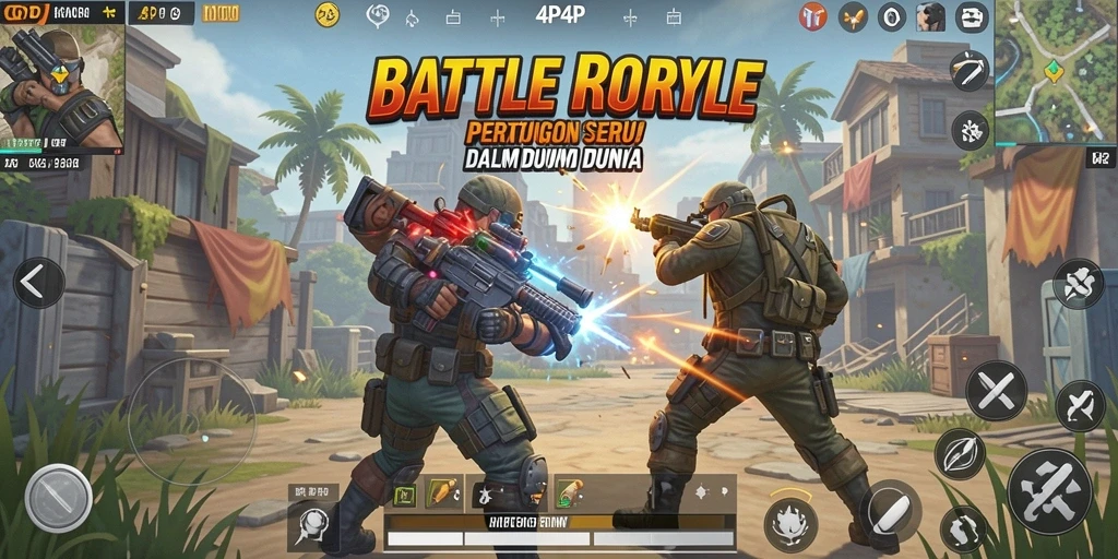 Screenshot gameplay 4P4P menampilkan pertempuran seru Battle Royale.