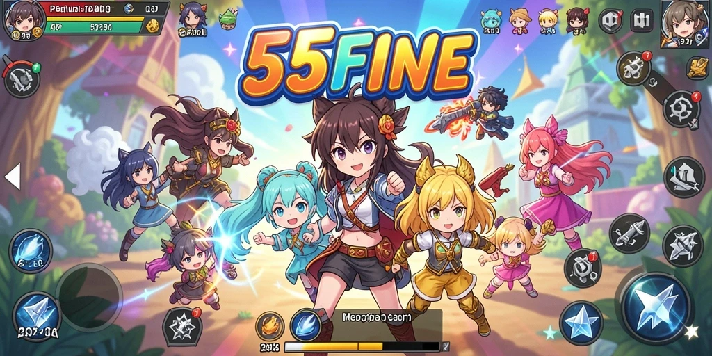 Tampilan utama gameplay 55FIVE yang penuh aksi dan karakter Anime.