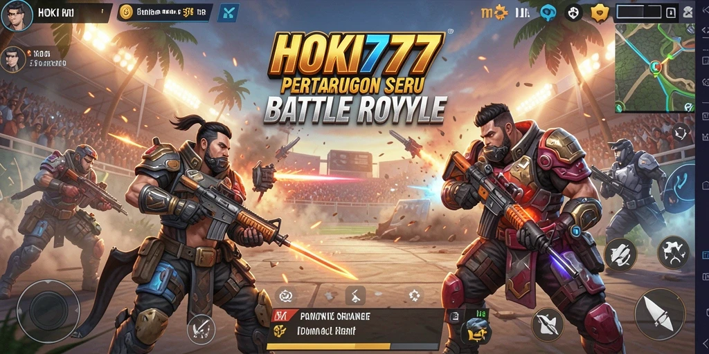 Tangkapan layar utama HOKI777 menampilkan aksi seru di arena Battle Royale.