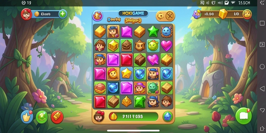 Screenshot gameplay HOKIGAME dengan tampilan gemerlap objek Match-3.