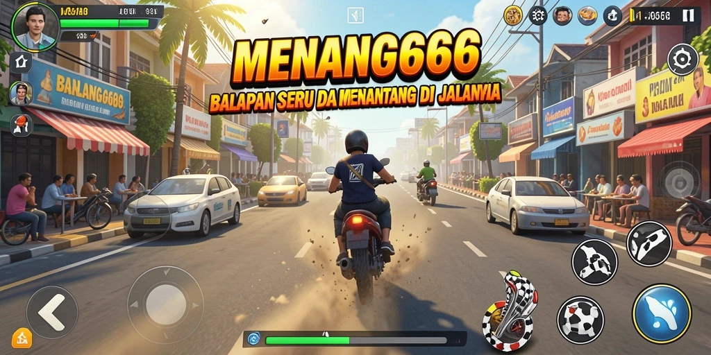 Tangkapan layar gameplay MENANG666 yang menunjukkan balapan penuh aksi.