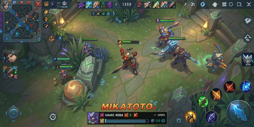 Gameplay MIKATOTO menunjukkan pertempuran tim yang intens dan strategis.