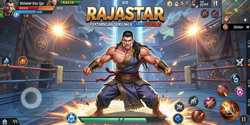 Gameplay seru di RAJASTAR dengan karakter unik dan pertarungan mendebarkan.