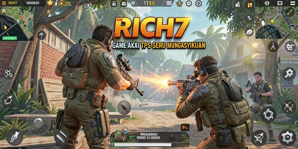 Screenshot utama RICH7 menampilkan aksi pertempuran intens dalam game TPS.