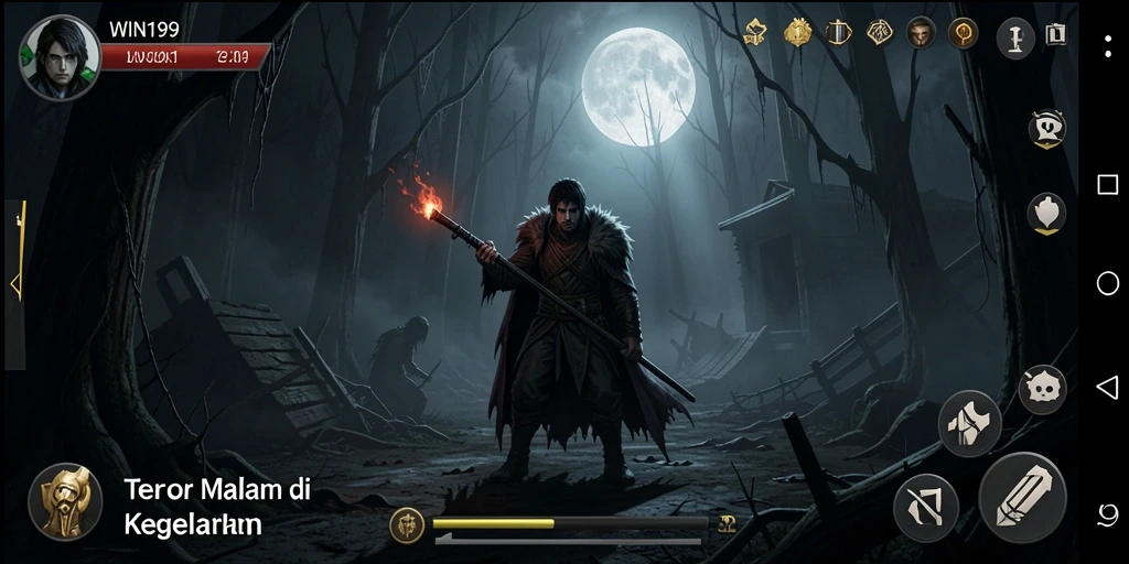 Screenshot gameplay WIN199 yang menampilkan suasana horor yang mencekam.